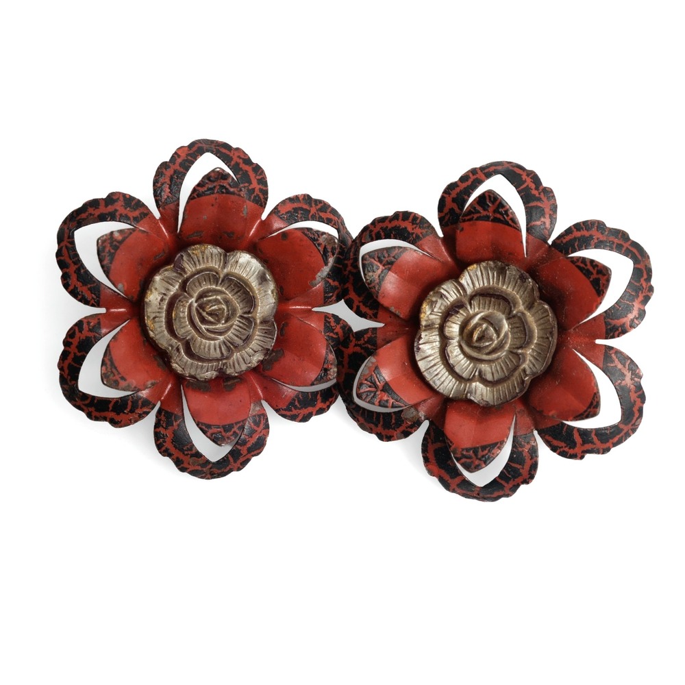 Vintage Ornate Enamel And Metal Red Flower Curtain Pins Set Of Two 2"